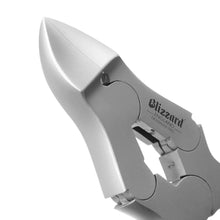 Load image into Gallery viewer, Close-up of Blizzard® 12cm podiatry toenail clippers showing sharp concave blades, ergonomic chequered handles, and barrel spring for precise trimming