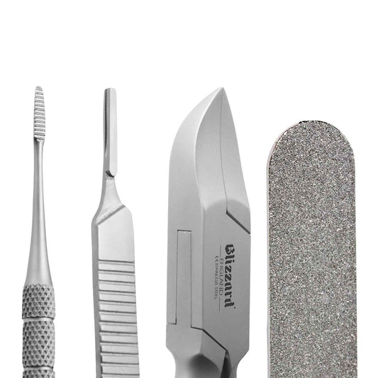 Mouseover Image, Blizzard® 4-Pcs Podiatry Instruments Set – professional stainless steel foot care kit for removing ingrown nails and callus buildup