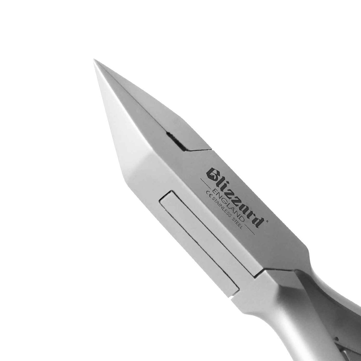 Close-up of Blizzard® ingrown toenail clipper showing sharp arrow head stainless steel blades