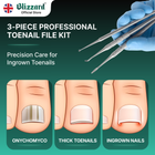 Blizzard Official Store 3-piece professional toenail file kit with tools and illustrations of nail conditions.