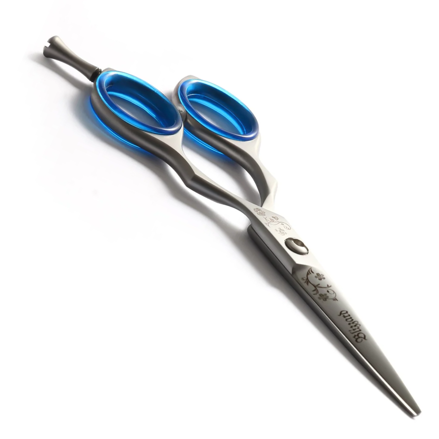 Hair shears with blue handles on a white background
