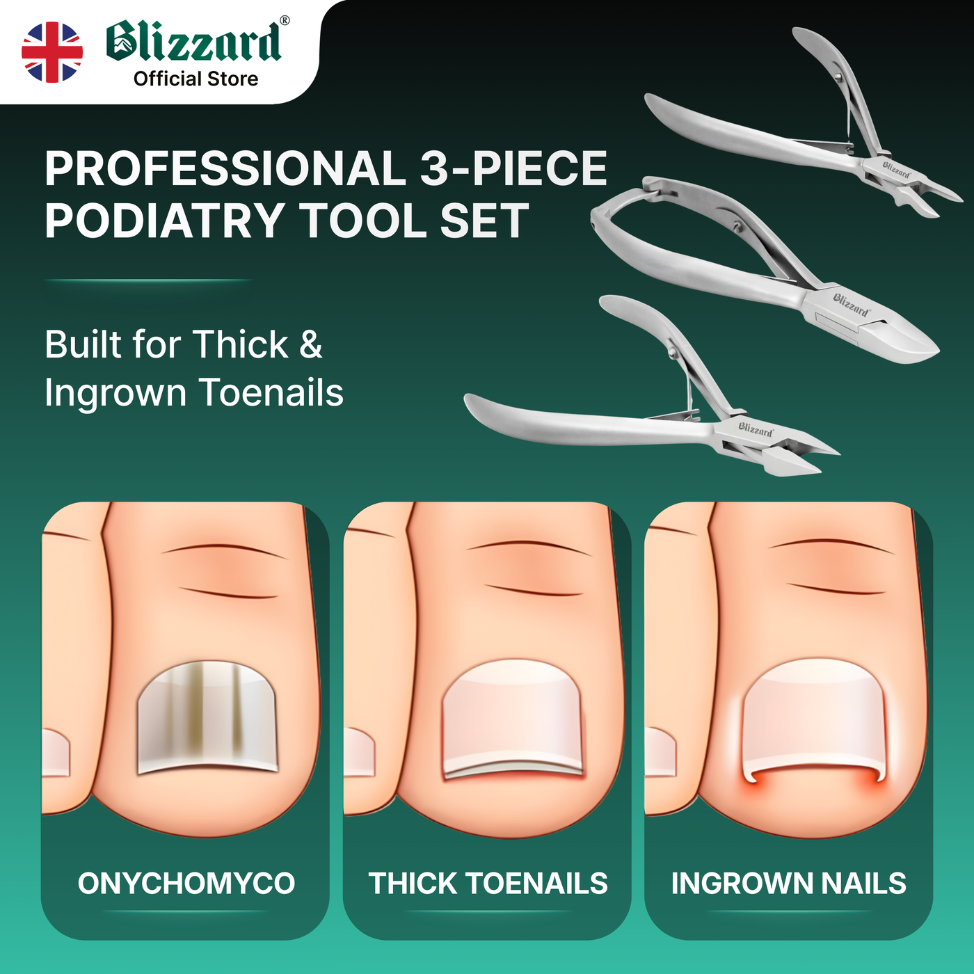 Blizzard® 3-Pcs Podiatry Nail Clippers Set | Concave, Arrow & Flame Heads