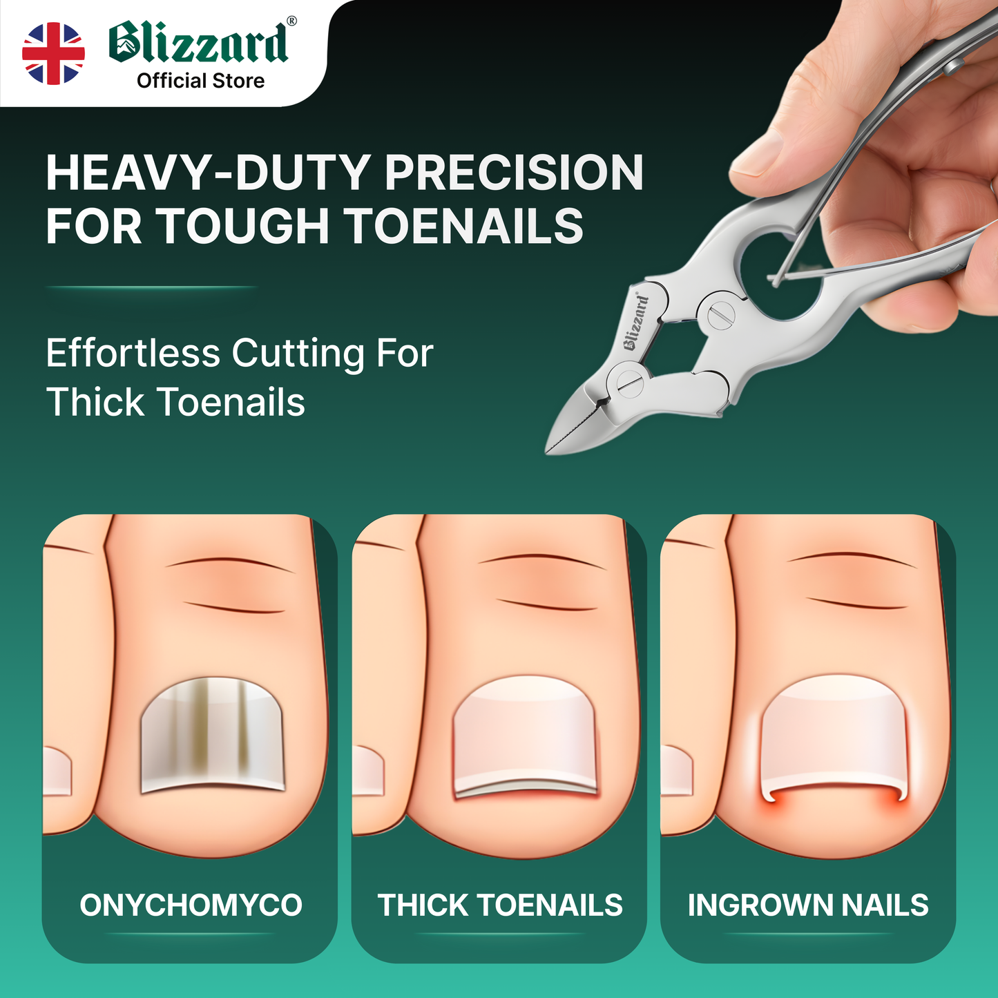 Advertisement for toenail clippers with text about heavy-duty precision and a hand holding clippers.
