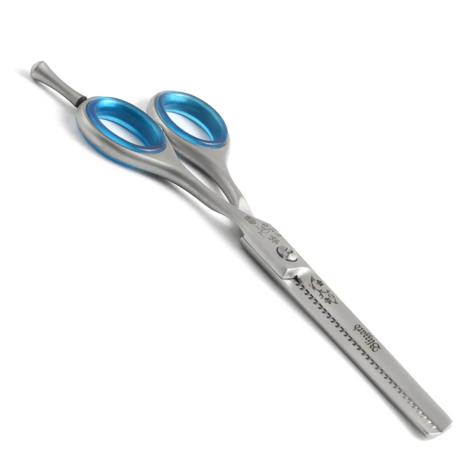 Hair cutting scissors with blue handles on a white background