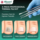 3-piece professional toenail file kit with tools and illustrations of nail conditions on a green background.
