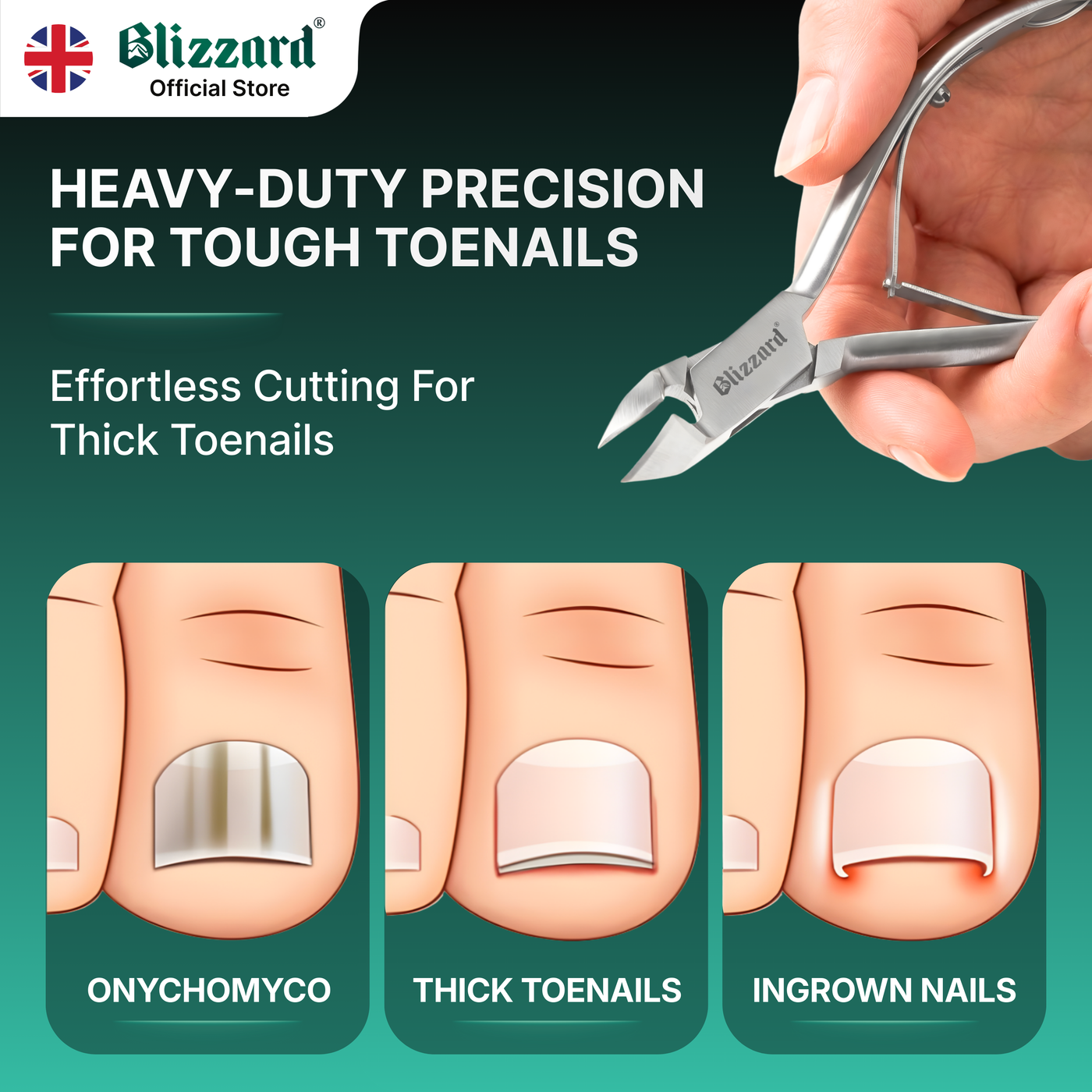 Advertisement for a toenail clipper with text about its features and uses, featuring the Blizzard logo.