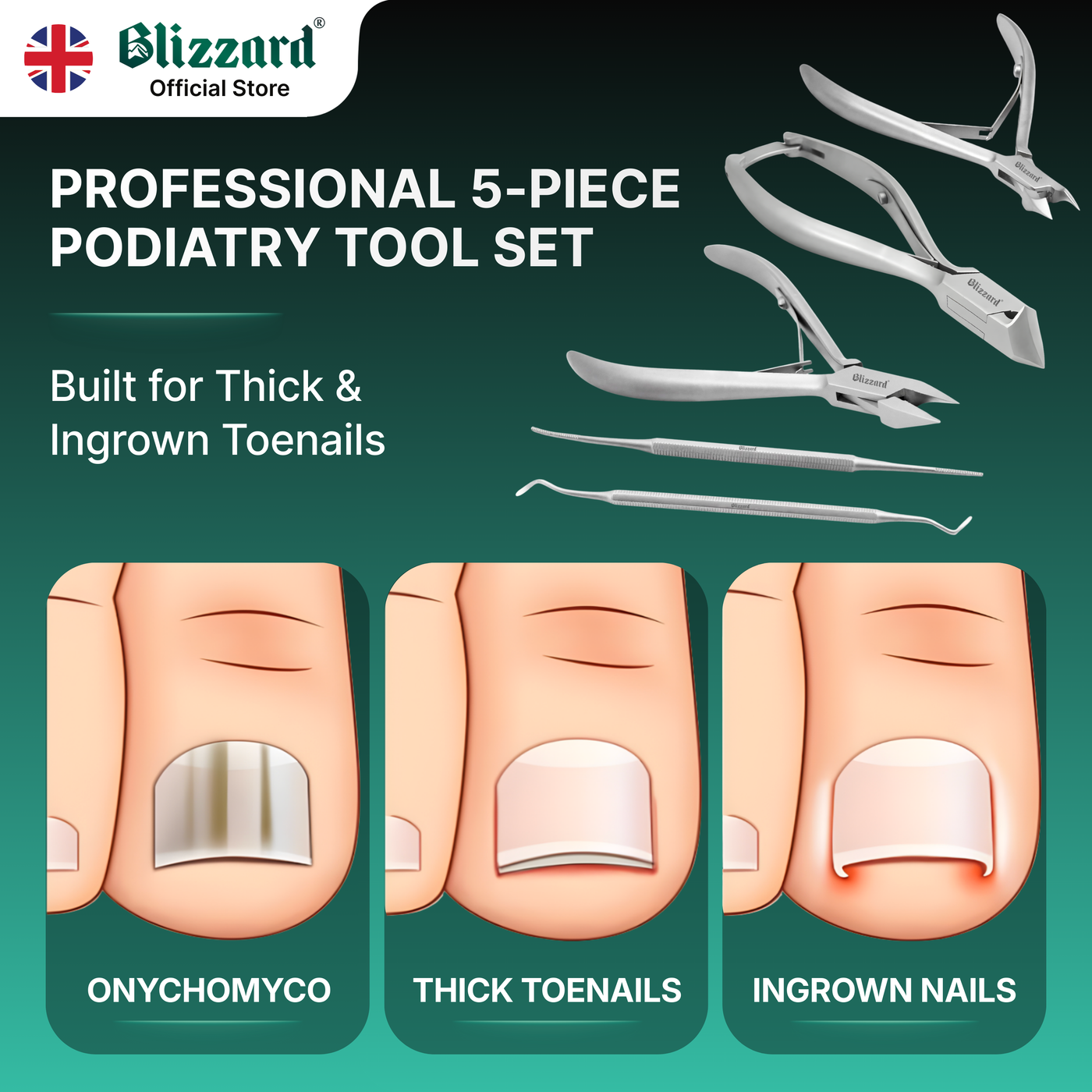 Podiatry tool set with illustrations of nail conditions and Blizzard Official Store branding.