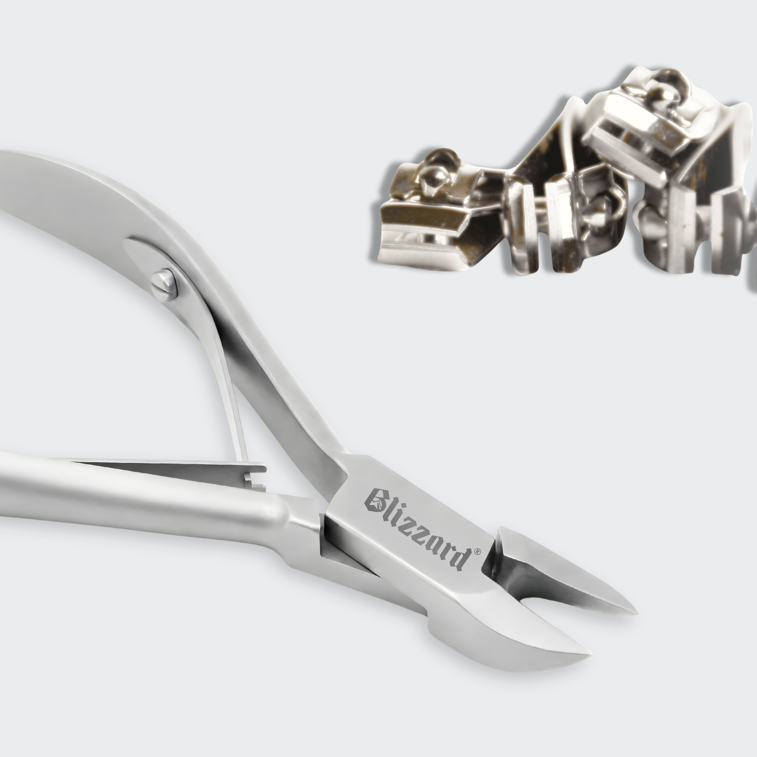Metal nail clippers with 'Blizzard' branding on a white background