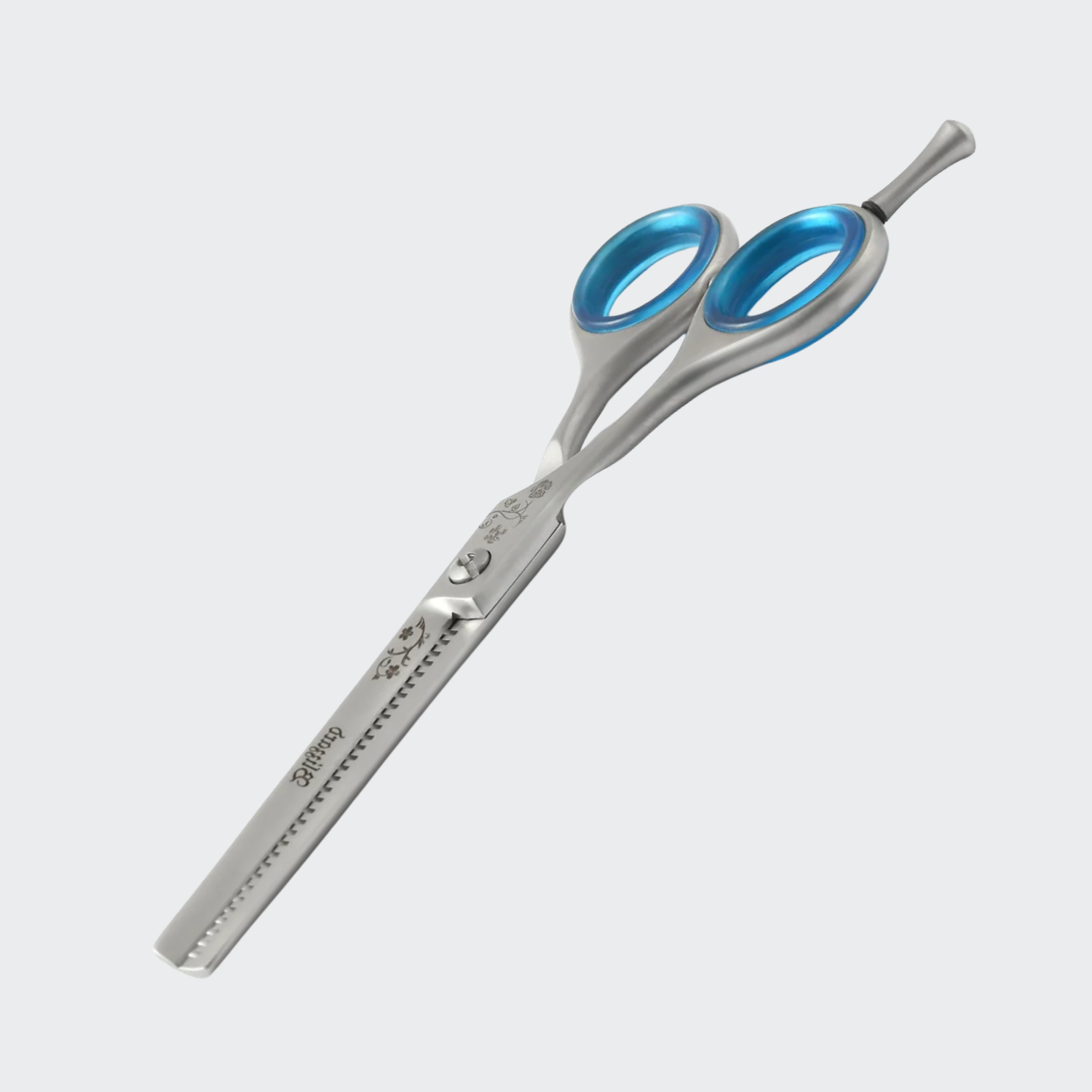 Hairdressing scissors with blue handles on a white background