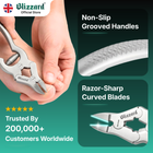 Metal pliers with non-slip handles and razor-sharp blades, held by a hand, on a green background with Blizzard branding.