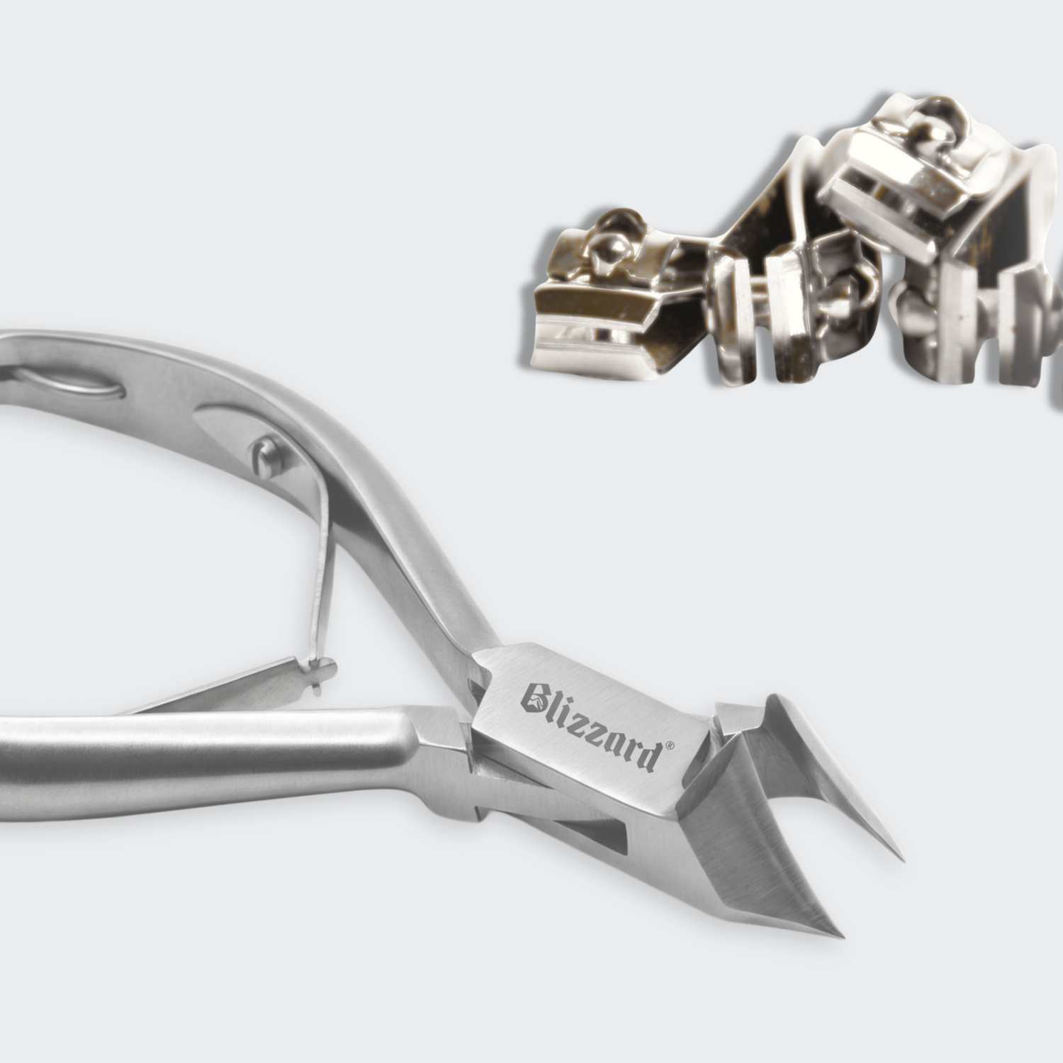 Metal nail clippers with 'Blizzard' branding on a white background