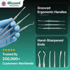 Ergonomic dental tools with hand-sharpened ends, held by a gloved hand, on a green background with Blizzard branding.