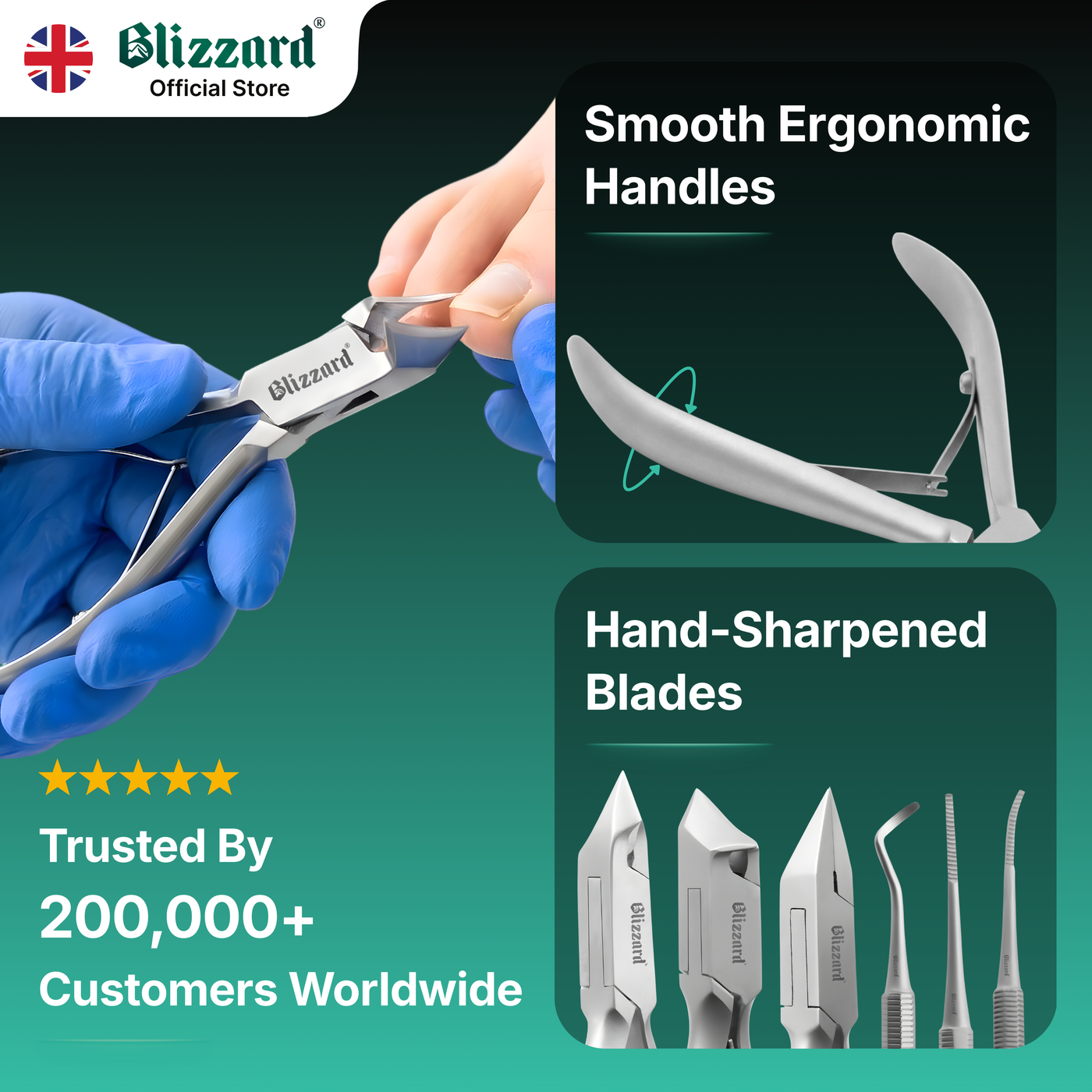 Blizzard dental tool with smooth ergonomic handles and hand-sharpened blades, held by a gloved hand.