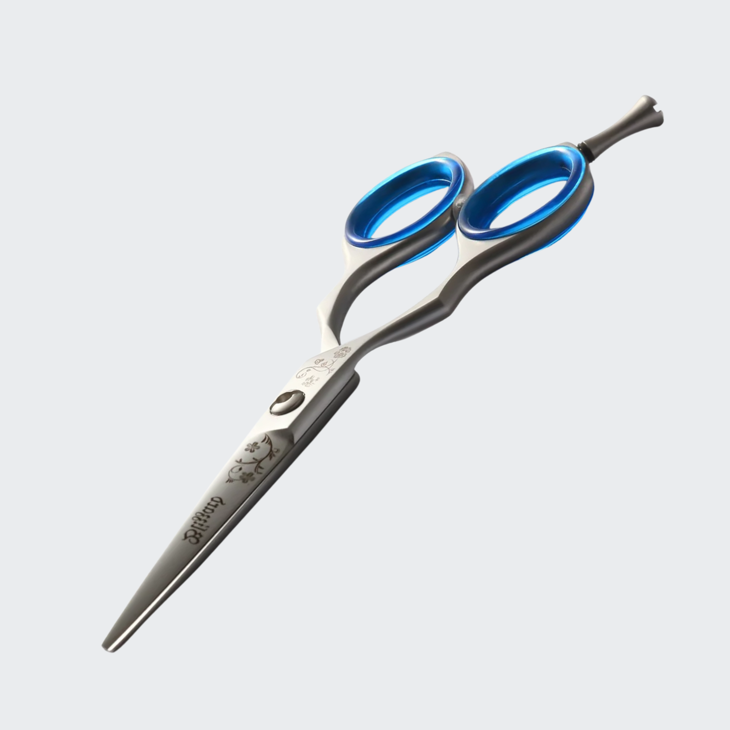 Hair cutting shears with blue handles on a white background