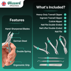 Blizzard nail care tool set with features and included items on a green background