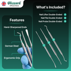 Nail care tool set with features highlighted on a branded background