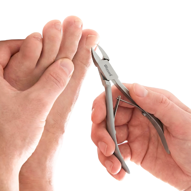 Person using cuticle nippers on a white background