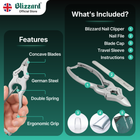 Blizzard nail clipper set with features and included items on a green background