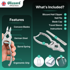 Blizzard nail clipper set with features highlighted and packaging details.