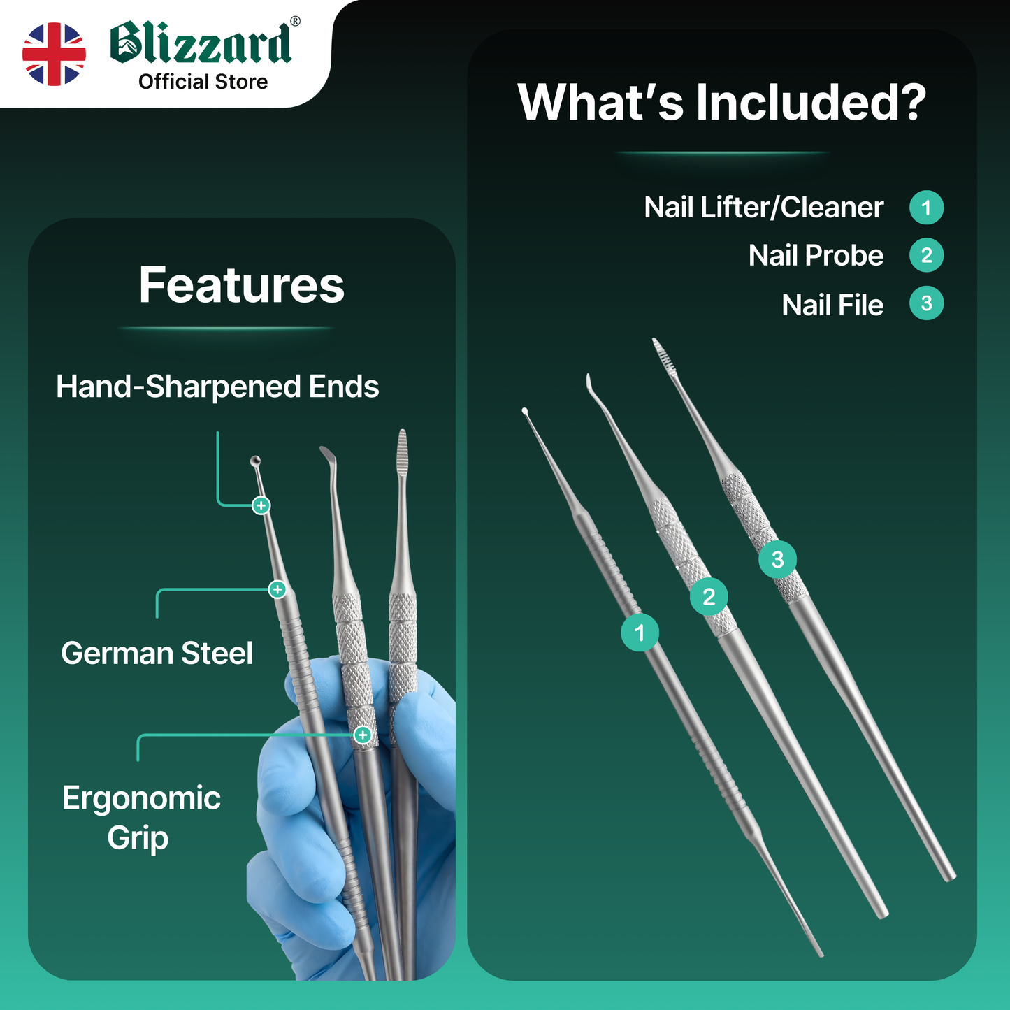 Nail care tool set with features highlighted, including hand-sharpened ends, German steel, ergonomic grip, nail lifter/cleaner, nail probe, and nail file, on a green background.