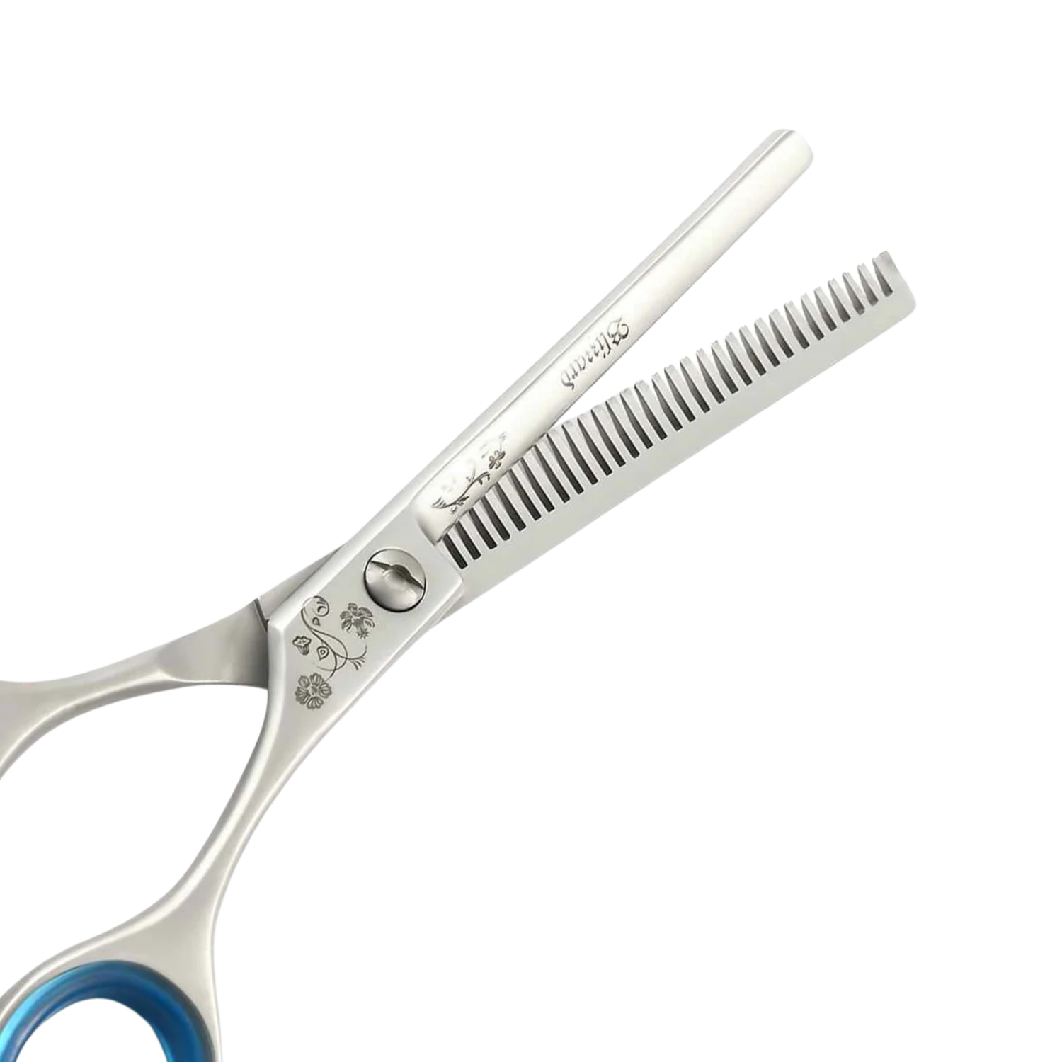 Hair cutting scissors with a comb on a white background