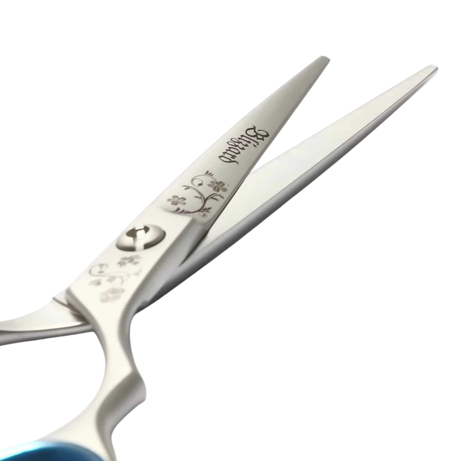 Hair cutting scissors with brand logo on a white background
