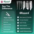 Blizzard nail clippers advertisement with product features and benefits on a green background.