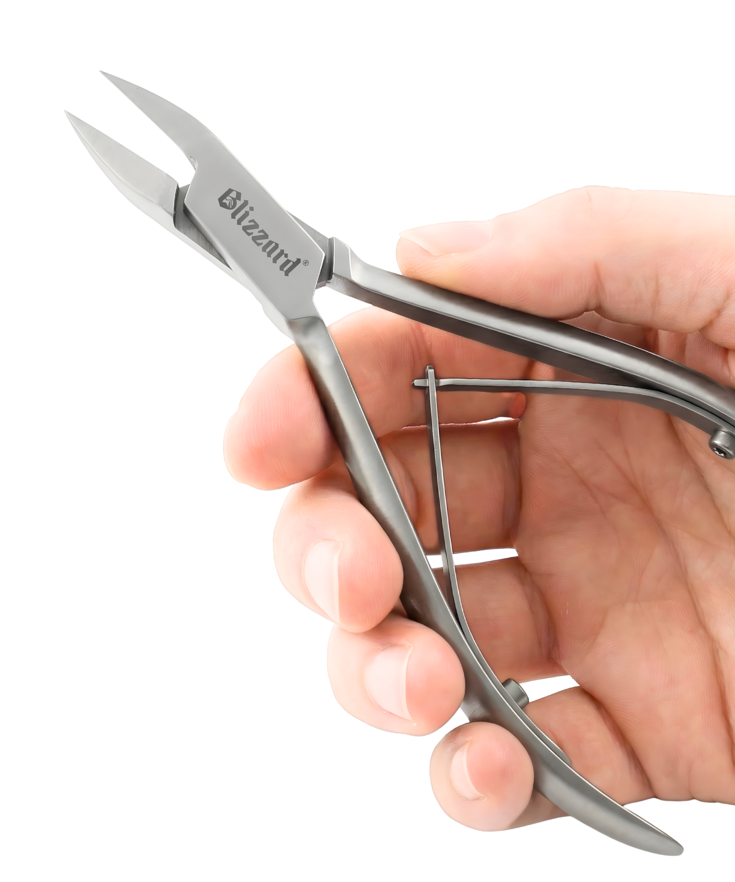 Hand holding a pair of silver nail clippers with 'Blizzard' branding on a white background