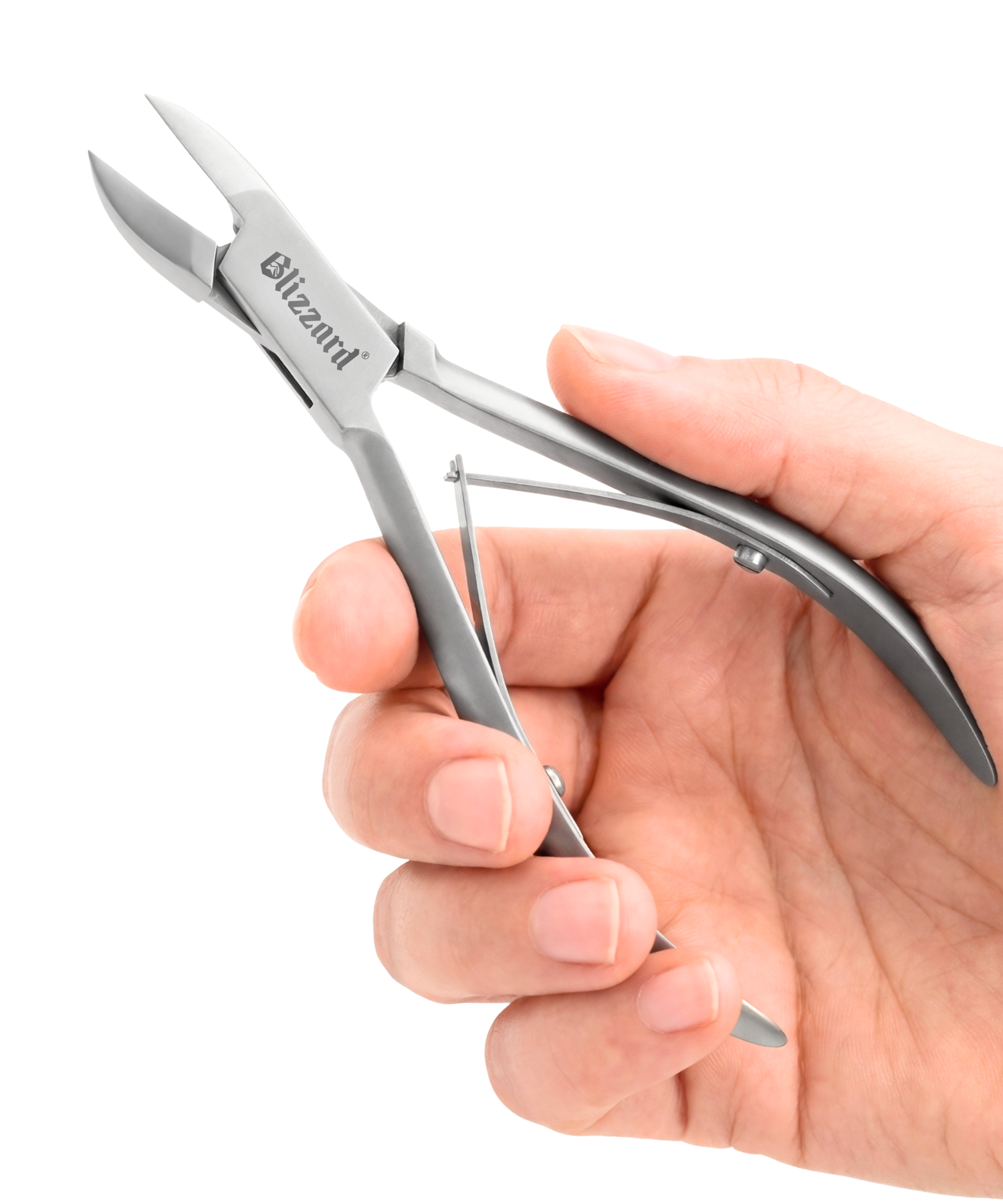 Hand holding a pair of silver nail clippers with 'Blizzard' branding on a white background