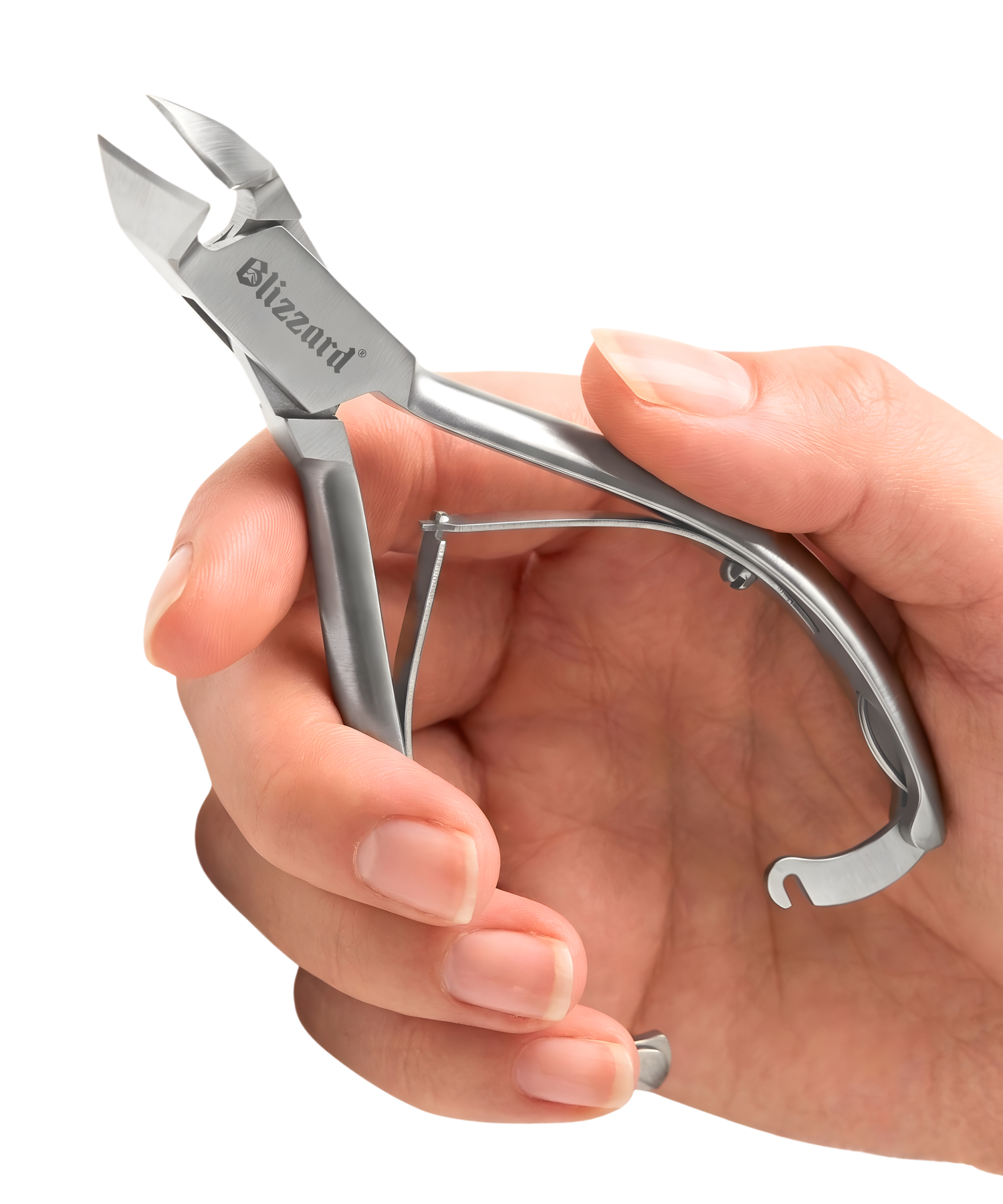 Hand holding a pair of silver nail clippers with 'Blizzard' branding on a white background