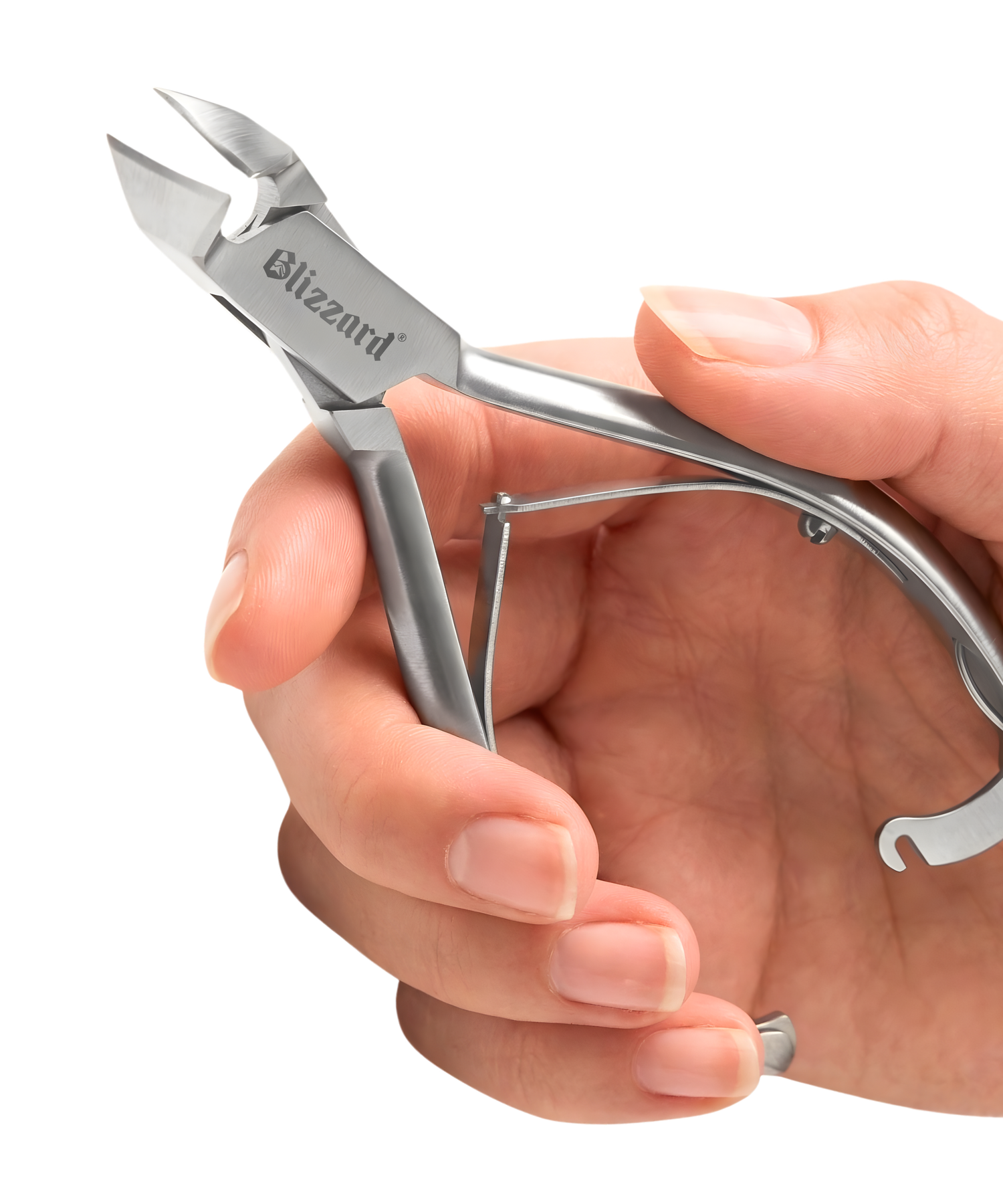 Nail clippers with 'Blizzard' branding held in a hand against a white background
