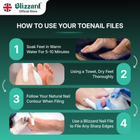 Instructions on how to use toenail files with images and text, featuring Blizzard logo.