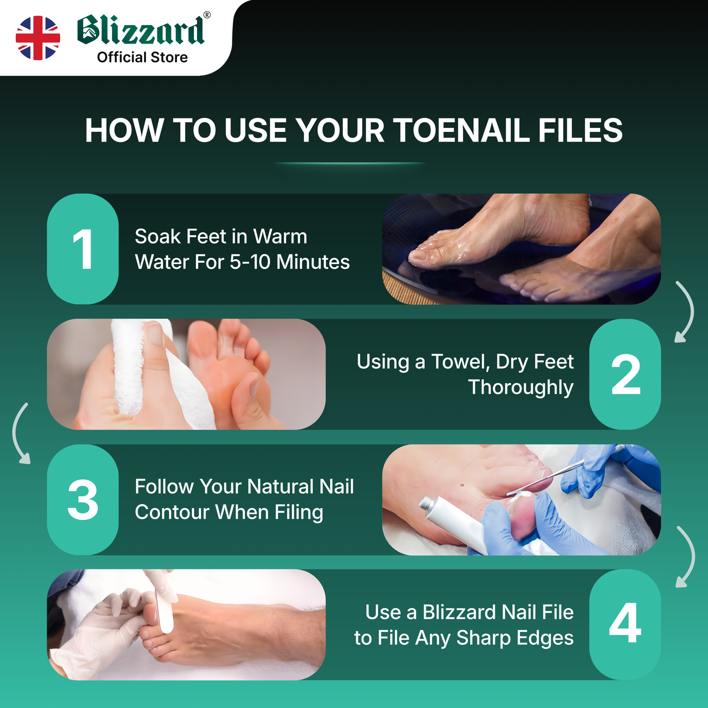 Instructions on how to use toenail files with images and text, featuring Blizzard logo.