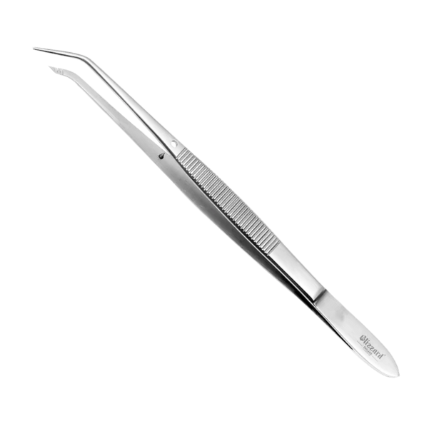 Pair of silver tweezers on a white background
