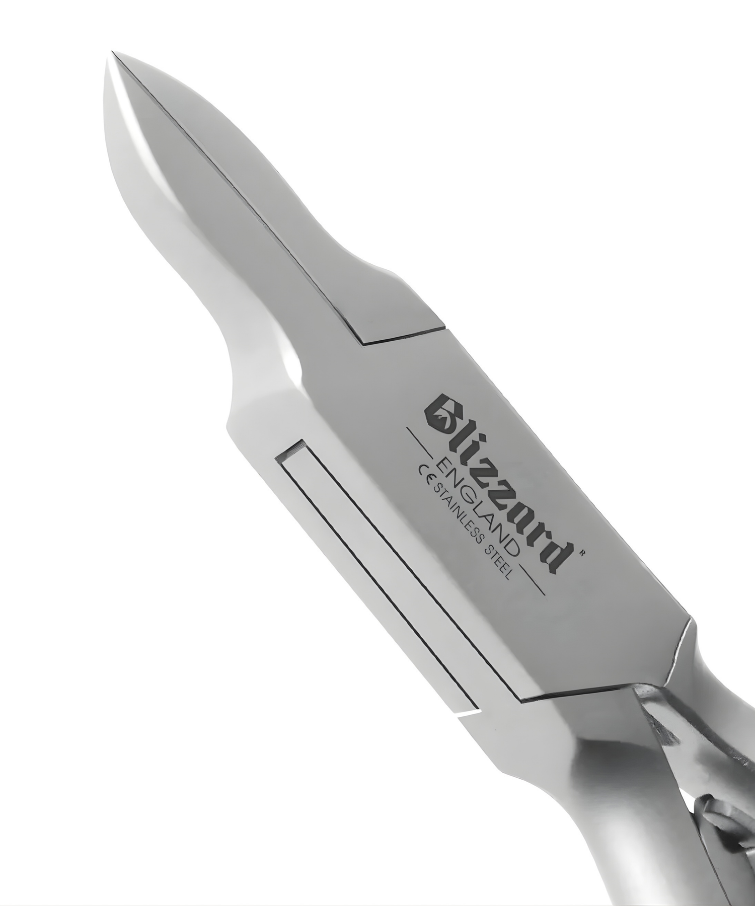 Close-up of a silver knife with 'Blizzard' branding on a white background