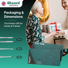 Blizzard Official Store packaging and dimensions with a person receiving a gift.