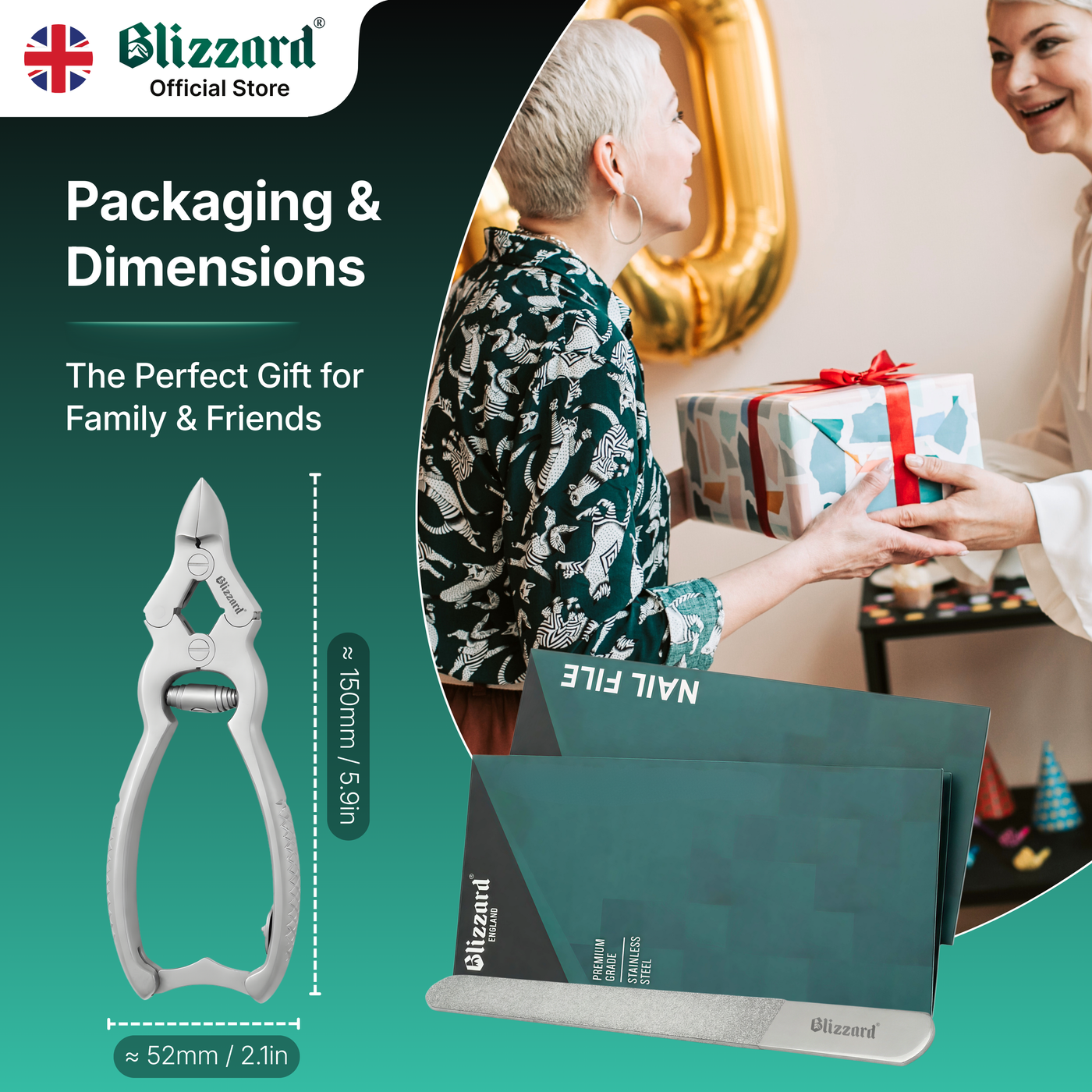 Blizzard Official Store packaging and dimensions with a gift being exchanged.