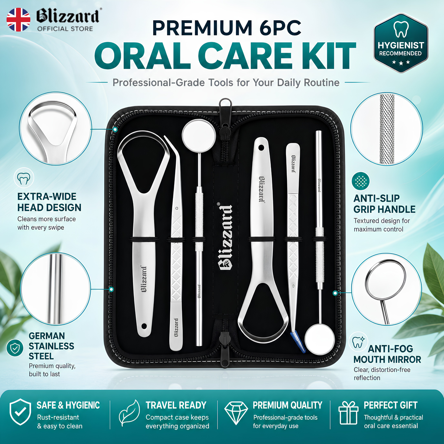 Blizzard 6-Pcs Dental Hygiene Kit | Stainless Steel Oral Care Set