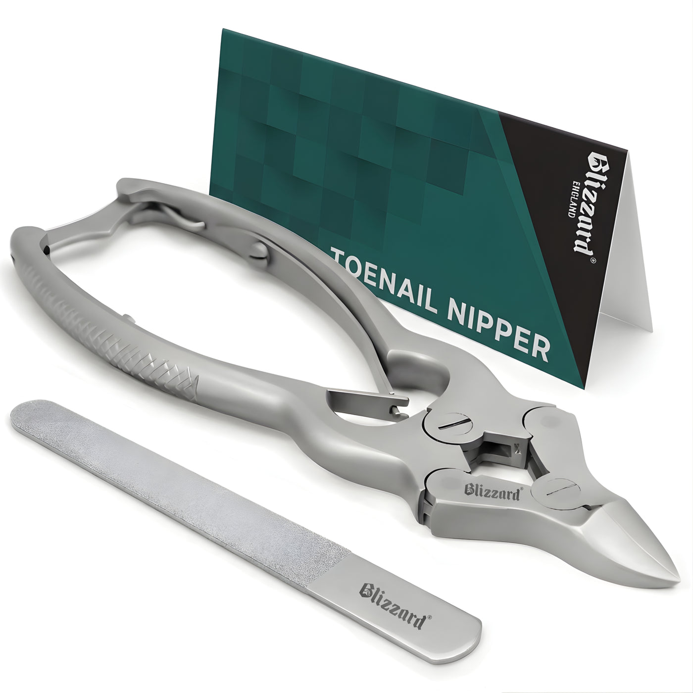 Toenail nipper with a branded card on a white background