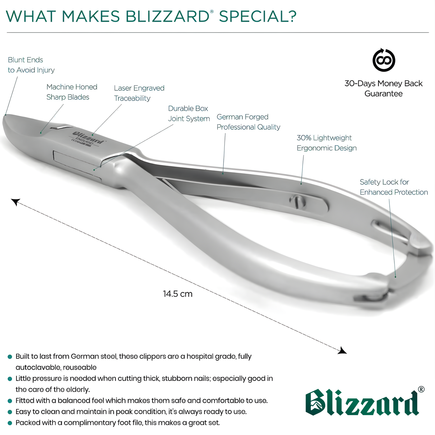 Blizzard® Diabetic Toenail Clippers for Seniors - 14.5cm, Concave Head