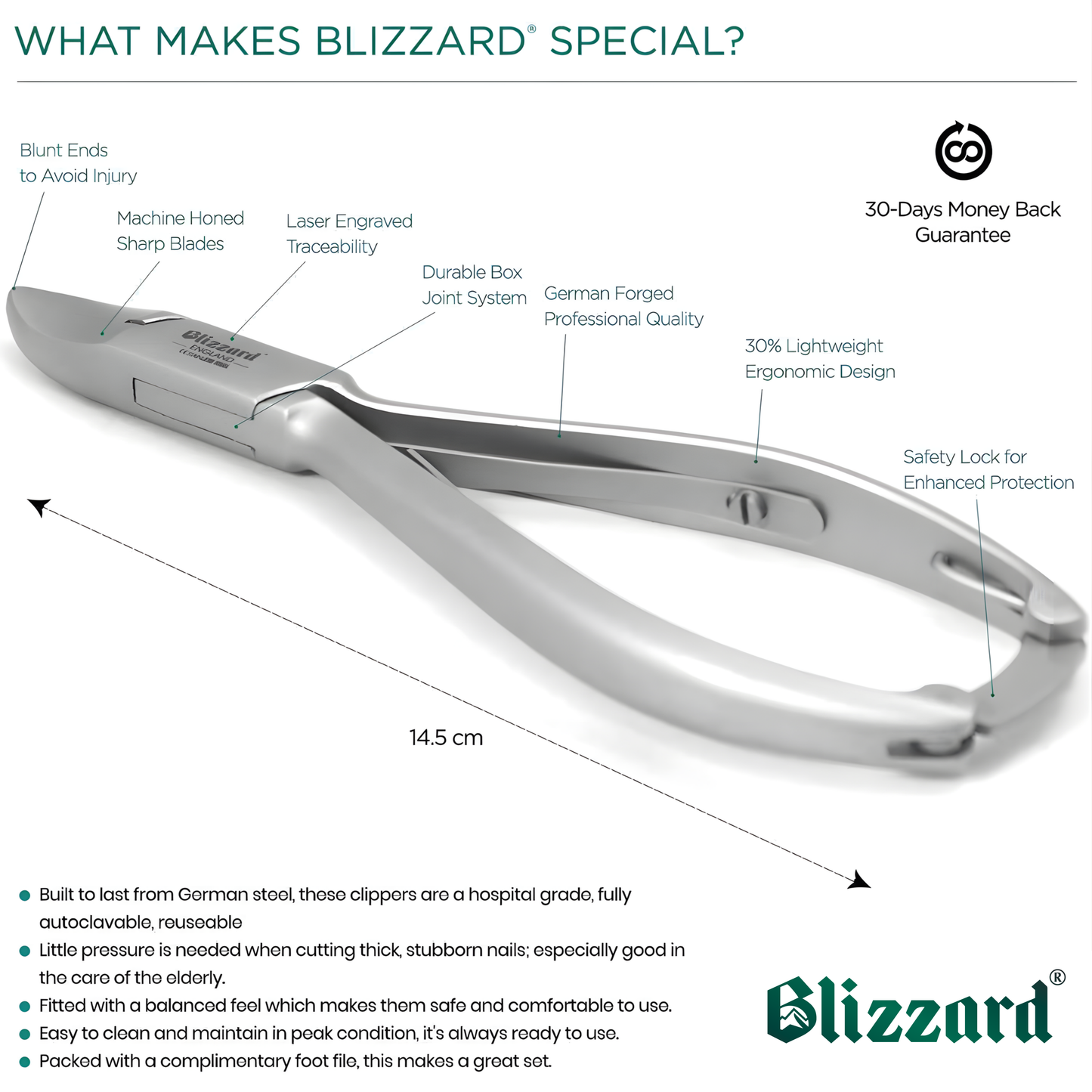 Blizzard® Diabetic Toenail Clippers for Seniors - 14.5cm, Concave Head