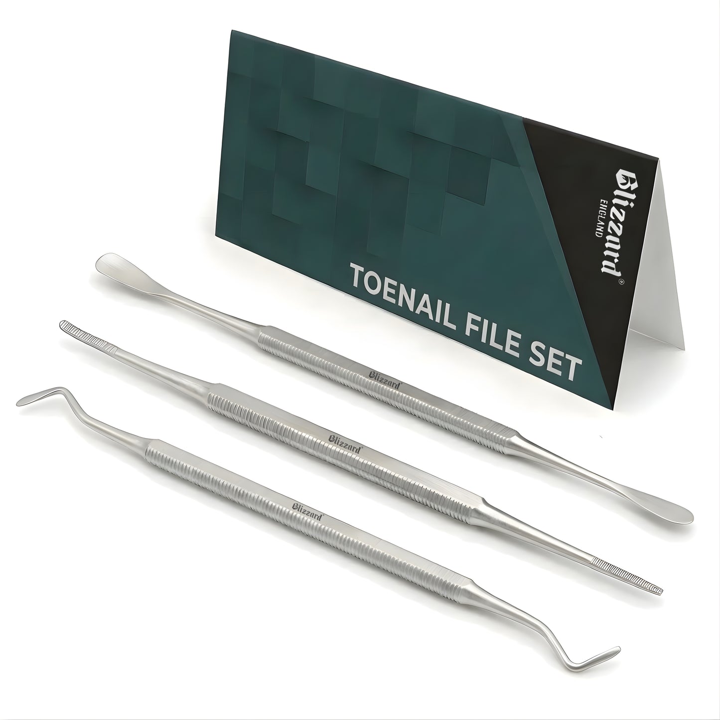 Set of toenail files with a branded card on a white background