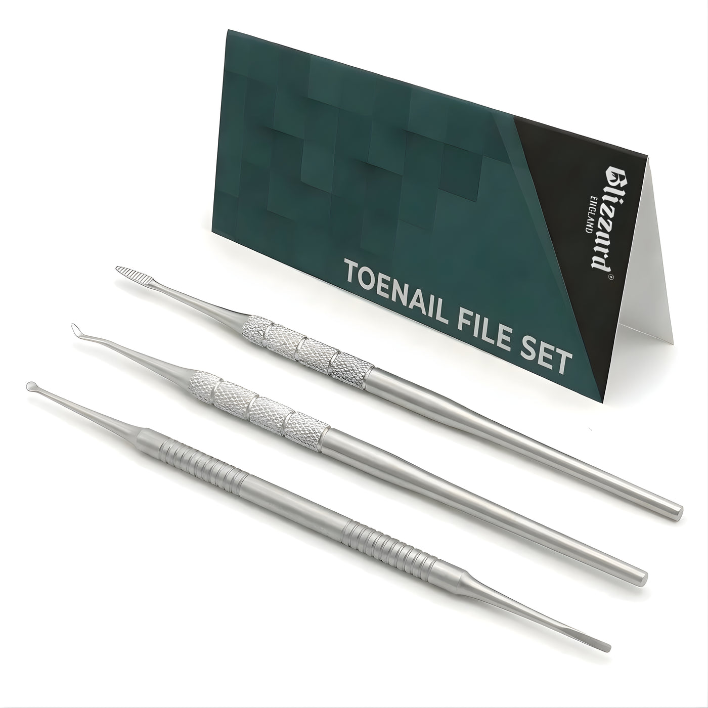 Set of toenail files with a branded card on a white background