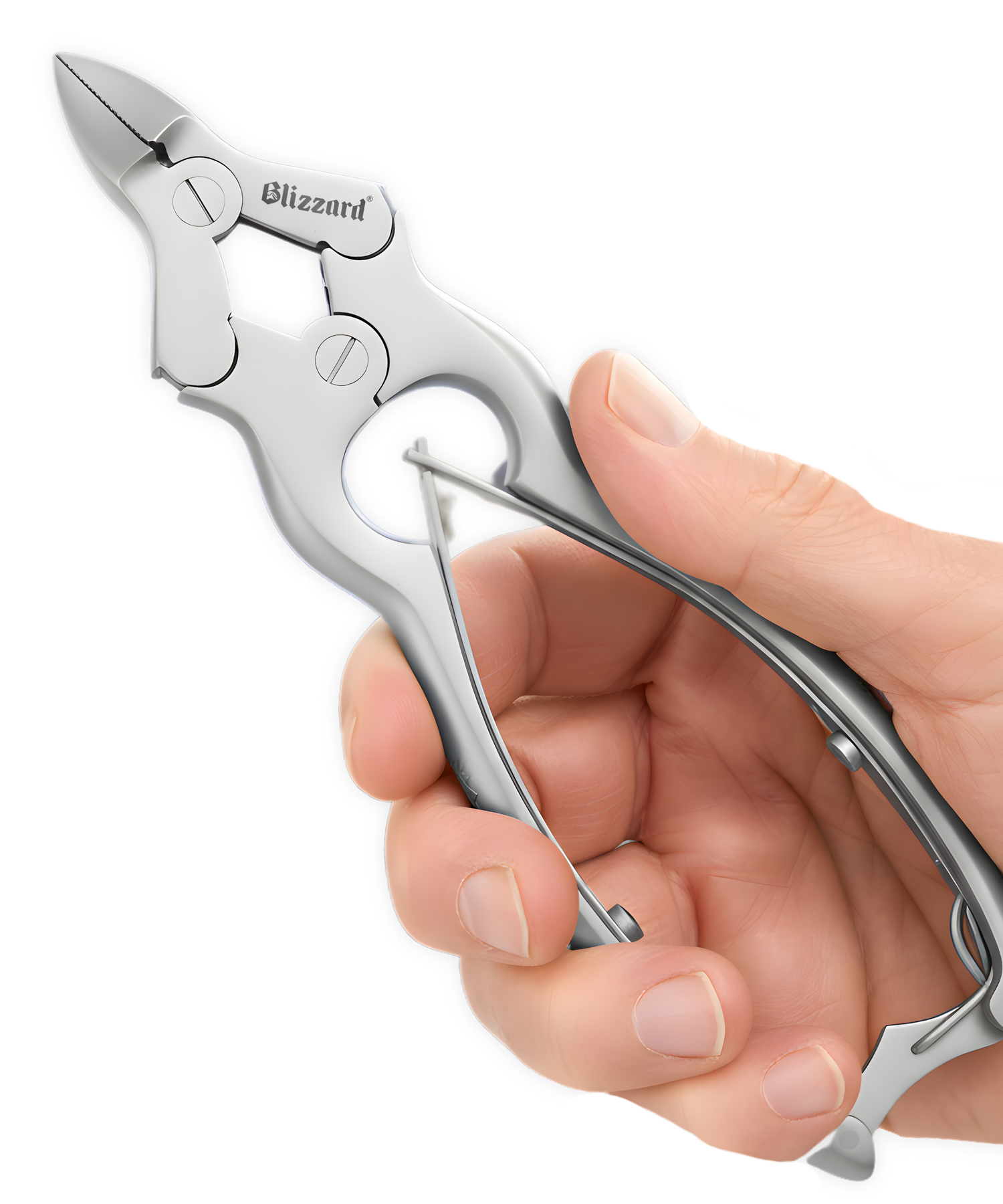 Hand holding a pair of silver pliers with 'Blizzard' branding on a white background