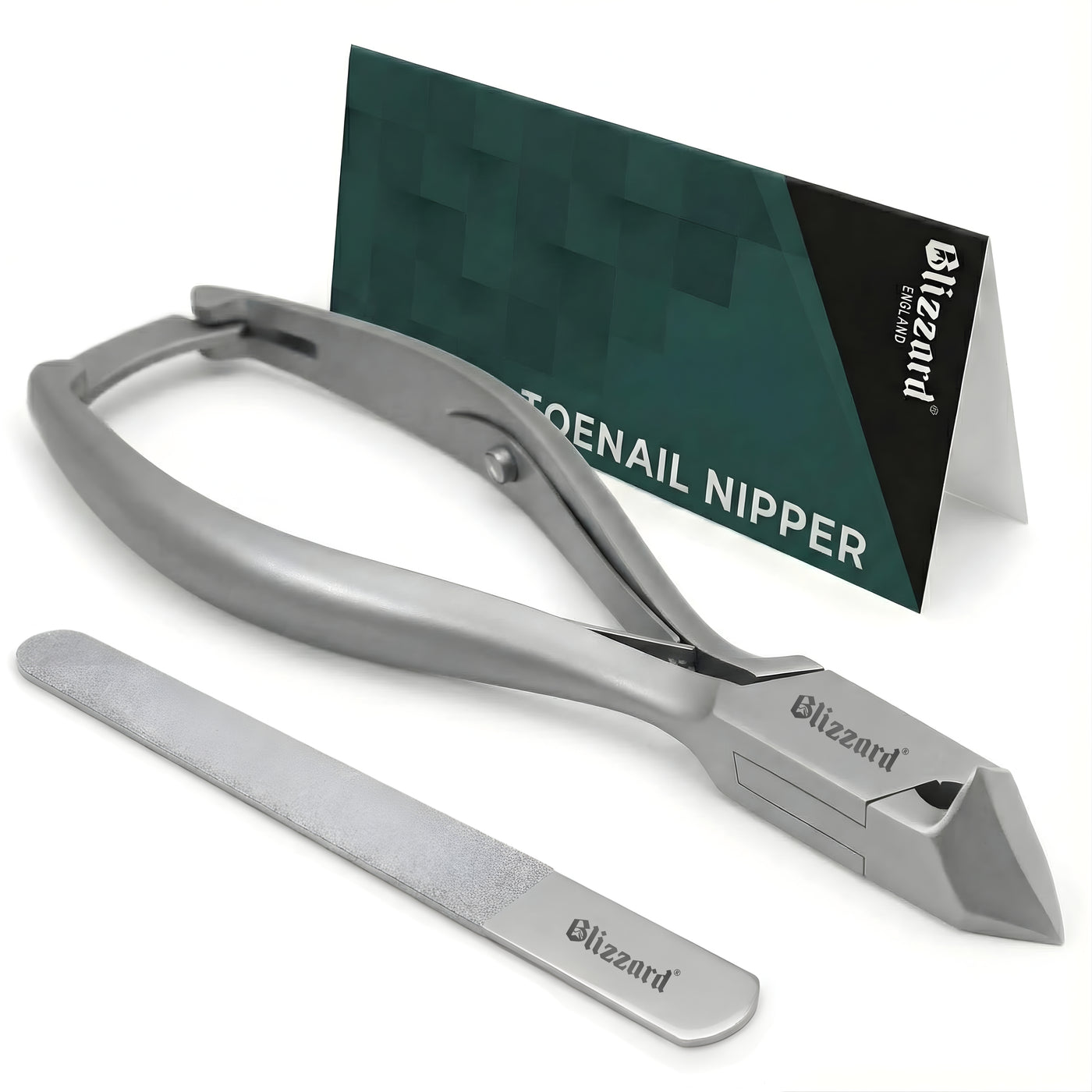 Toenail nipper with a stand and branded card on a white background