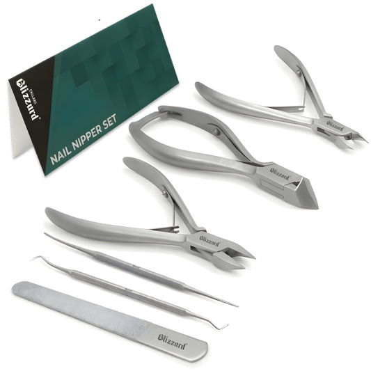 Mouseover Image, Blizzard® 5-Pcs Podiatry Instruments Set – professional stainless steel foot care kit for trimming thick nails, treating ingrown toenails, and maintaining healthy feet