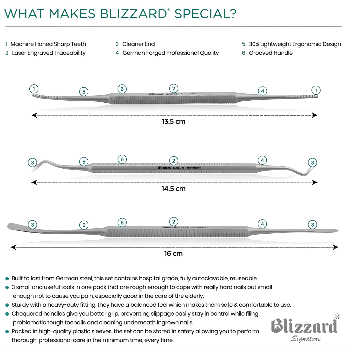 Blizzard® Professional Ingrown Toenail Kit | 3-Pcs Double-Ended Files & Probe Podiatry Set