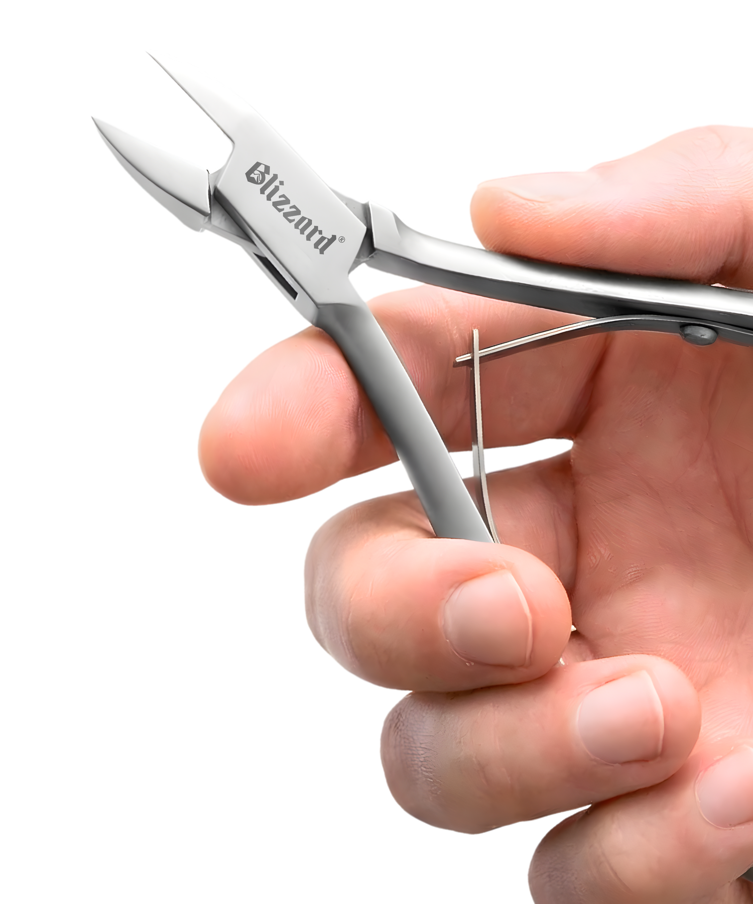 Hand holding a pair of Blizzard nail clippers on a white background
