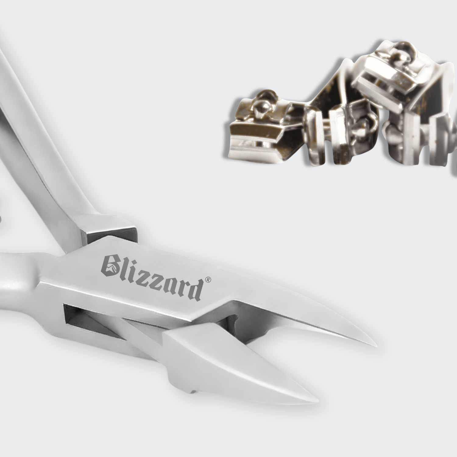 Close-up of a silver bracelet with 'Blizzard' branding on a white background