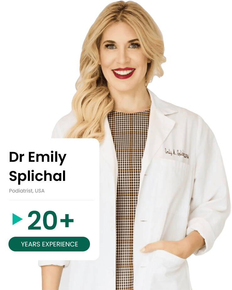Woman in a white lab coat with text indicating her name and experience